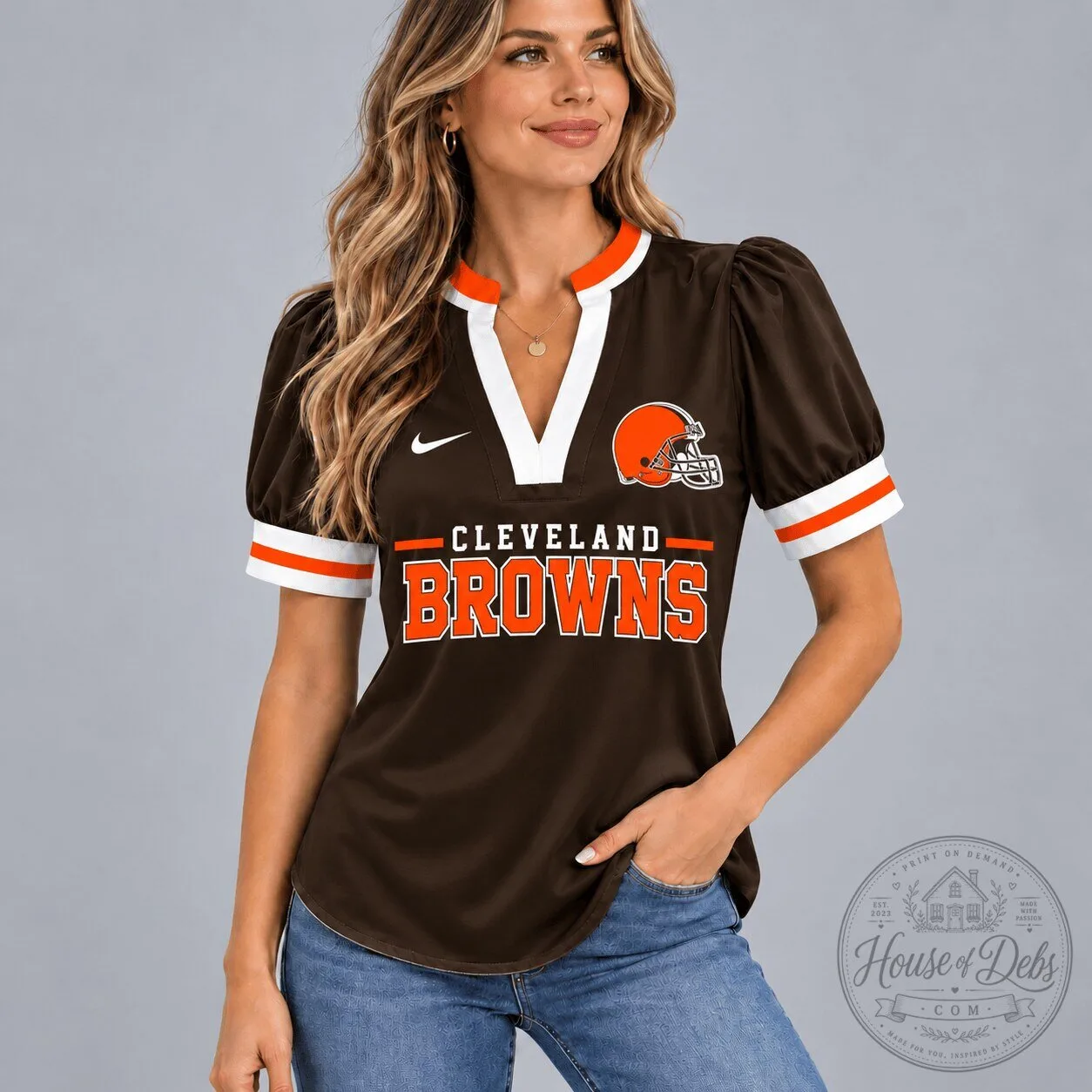Cleveland Browns NFL Football Team Women's V-Neck Puff Sleeve Shirt