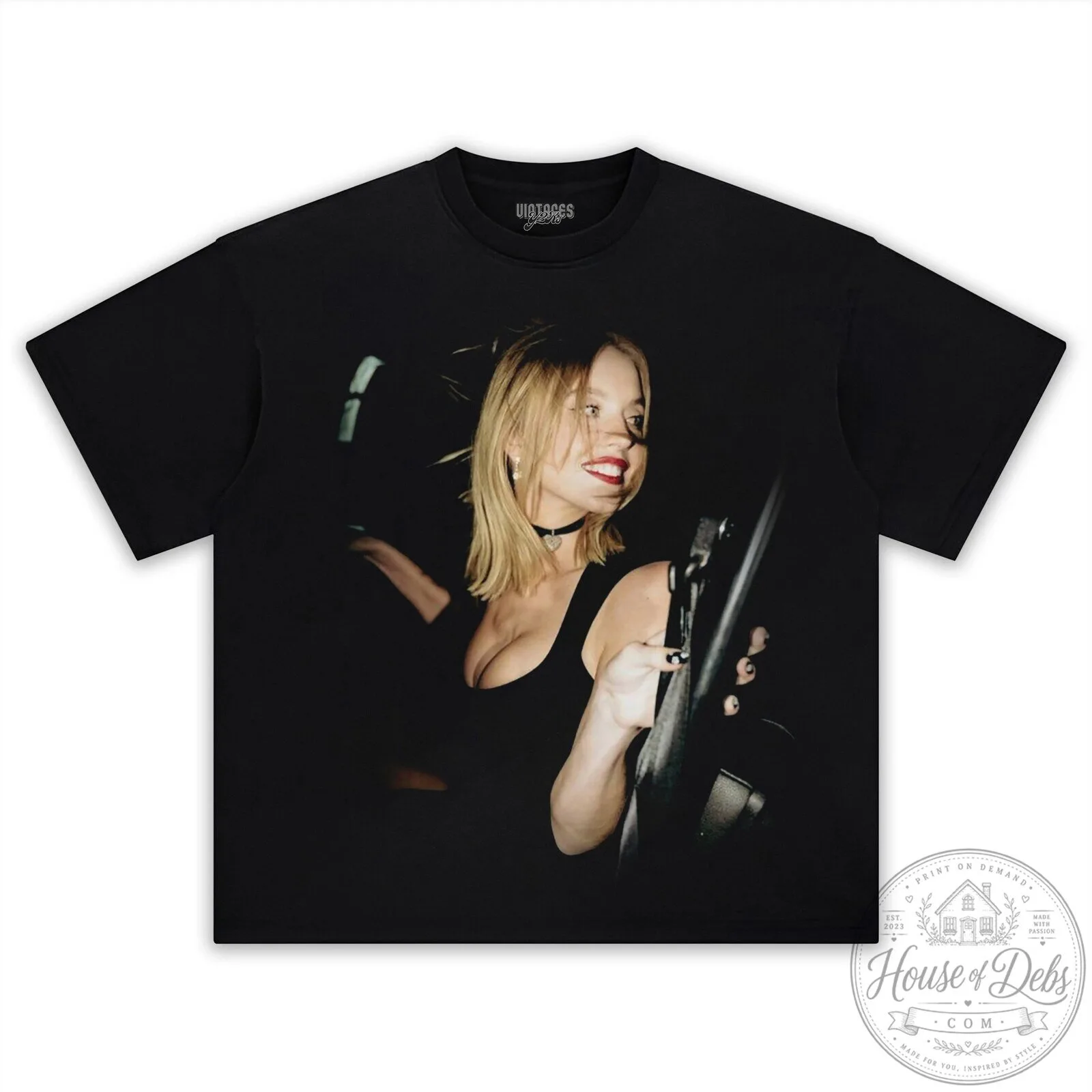 Black Graphic T-Shirt Featuring Sydney Sweeney Driving