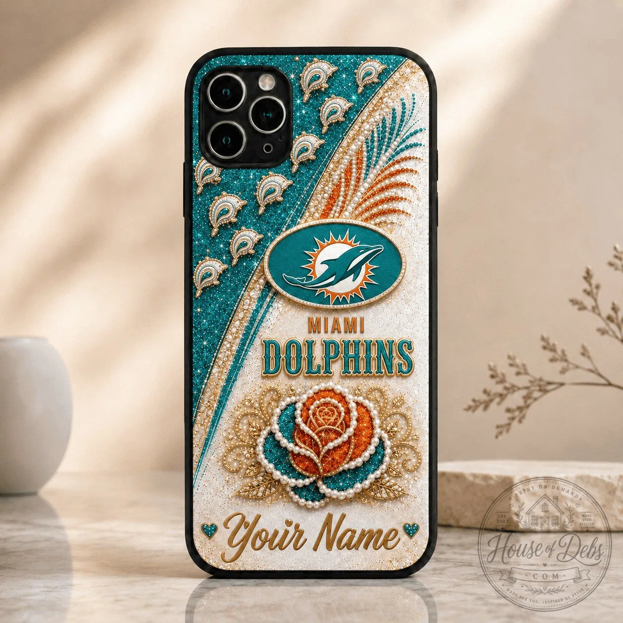 Miami Dolphins Personalized Glitter Rose Design Phone Case