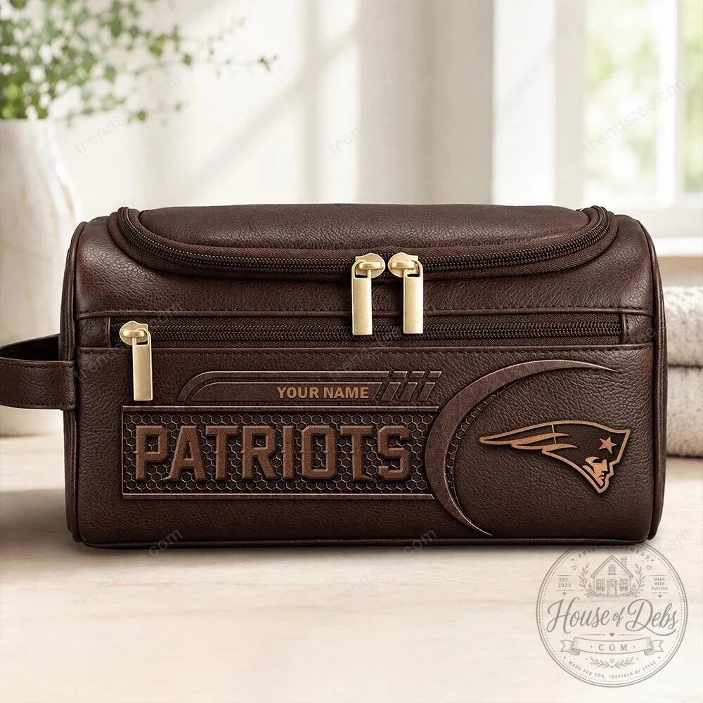 New England Patriots Personalized Leather Travel Toiletry Bag