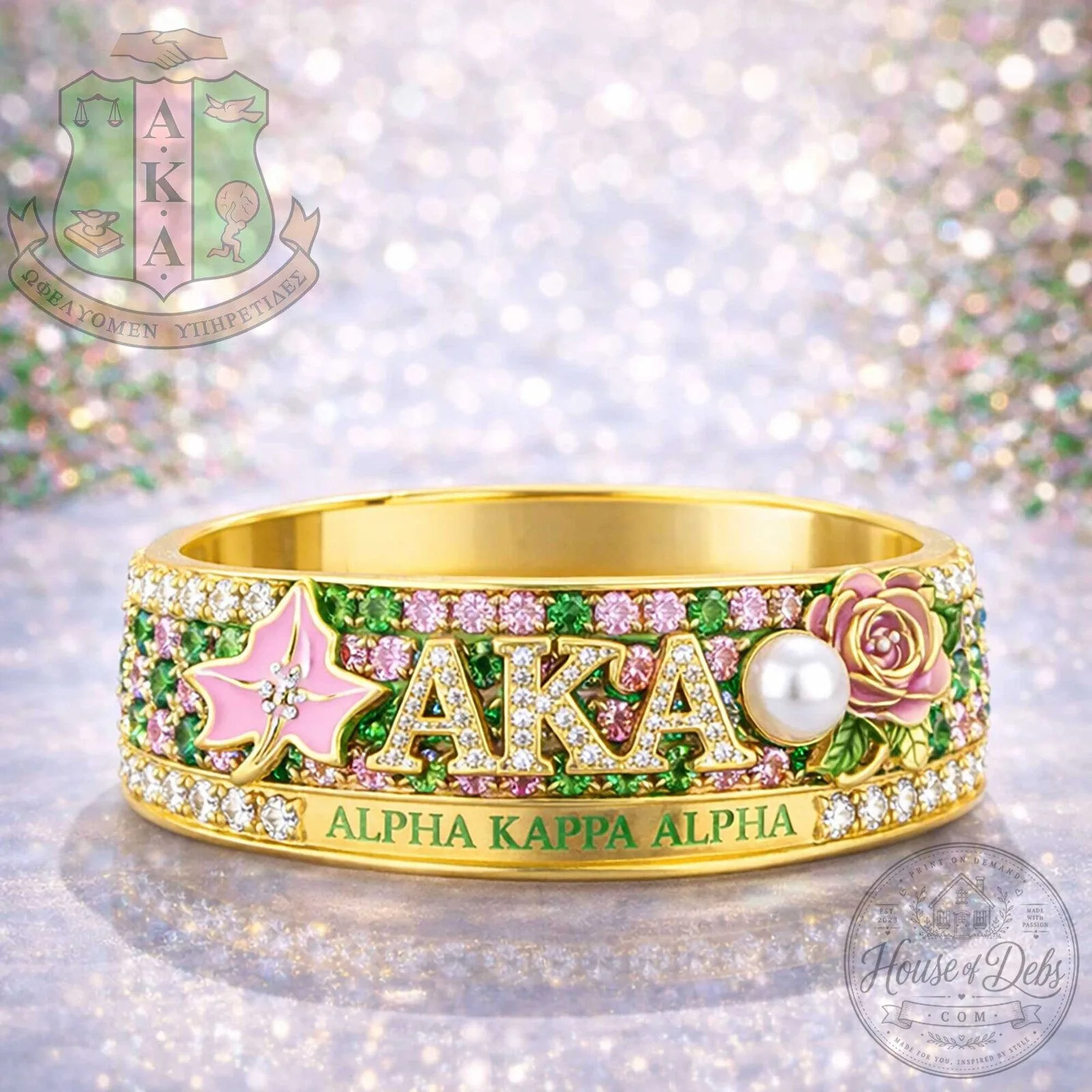 Alpha Kappa Alpha Sorority Pink and Green Diamond Gold Plated Ring