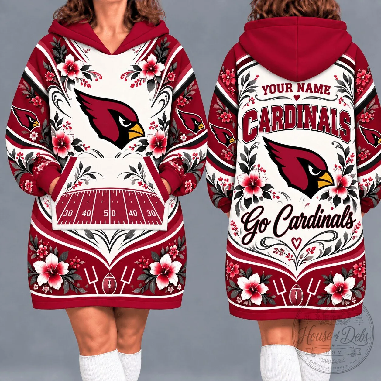 Arizona Cardinals Football Team Floral Pattern Hooded Blanket Sweatshirt 2 Arizona Cardinals Football Team Floral Pattern Hooded Blanket Sweatshirt