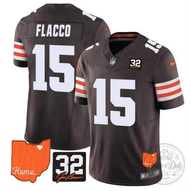 Cleveland Browns Joe Flacco Number 15 Football Jersey with Jim Brown Memorial Patch