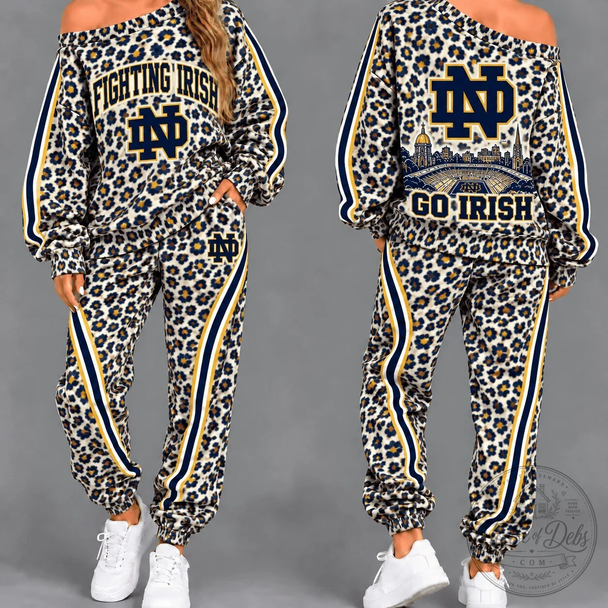 Notre Dame Fighting Irish Leopard Print Women's Off Shoulder Tracksuit