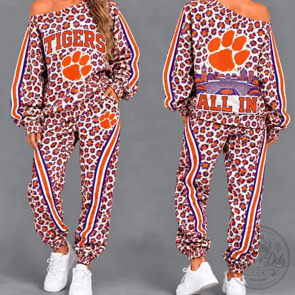 Clemson Tigers Women's Orange Leopard Print Off Shoulder Tracksuit Set Clemson Tigers Women's Orange Leopard Print Off Shoulder Tracksuit Set