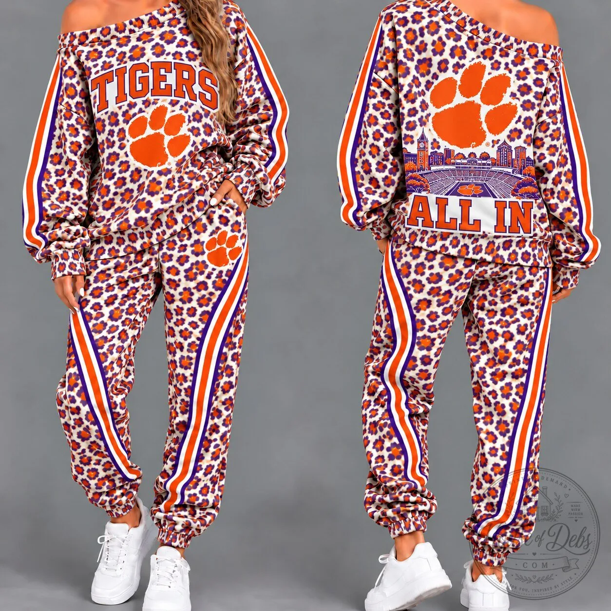 Clemson Tigers Women's Orange Leopard Print Off Shoulder Tracksuit Set