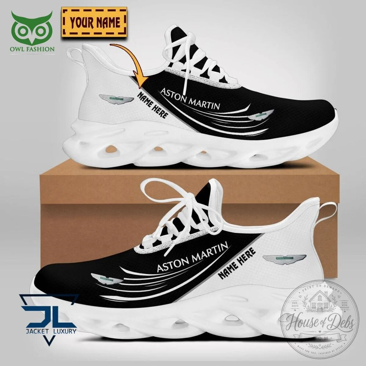 Aston Martin Racing Car Personalized Black and White Chunky Athletic Sneakers