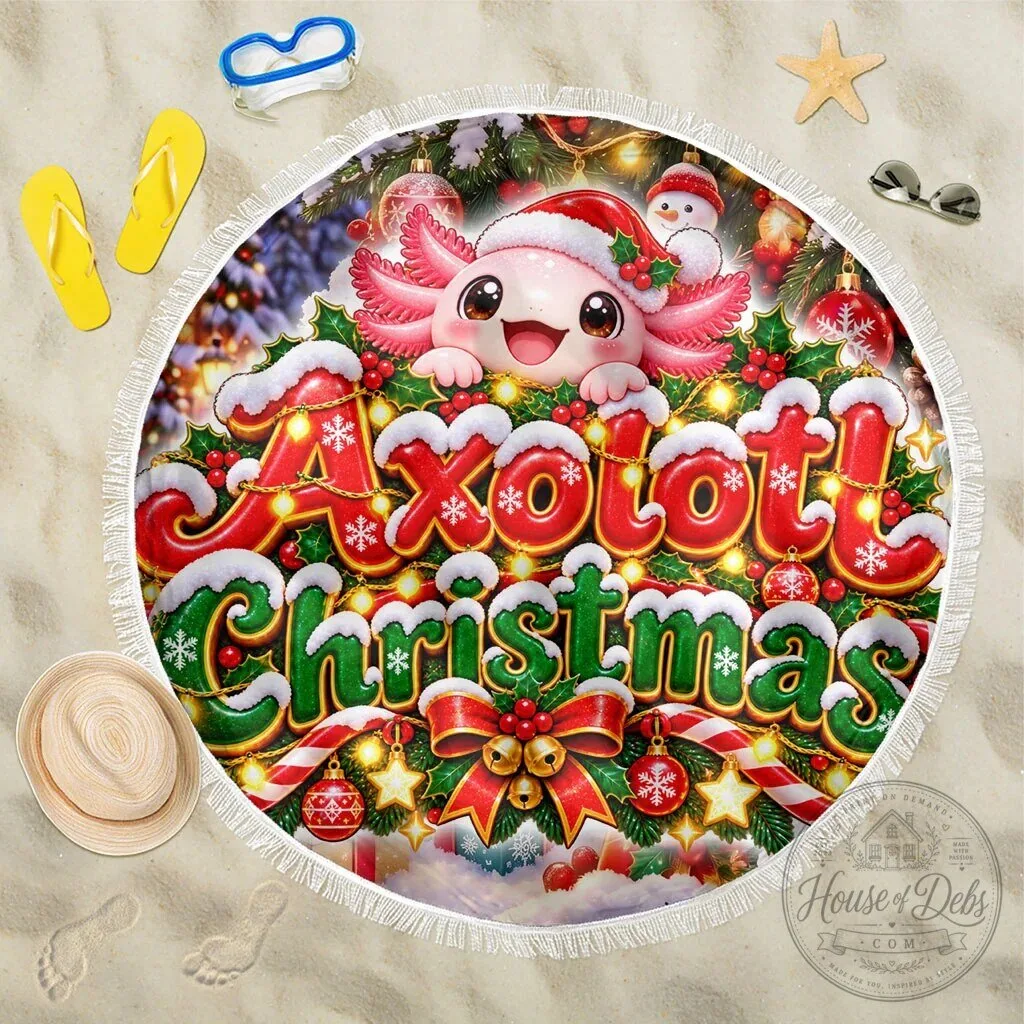 Cute Axolotl Christmas Round Beach Blanket with Festive Winter Snowflakes