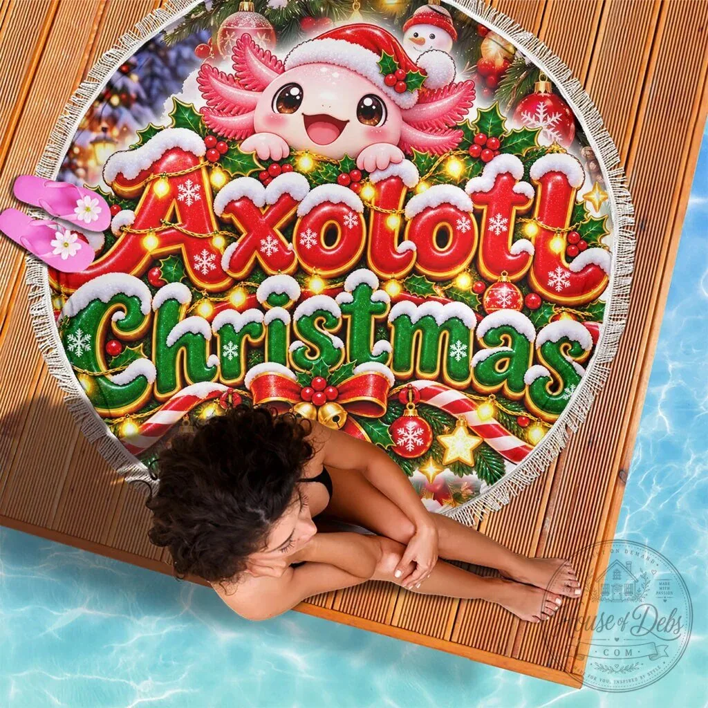 Cute Axolotl Christmas Round Beach Blanket with Festive Winter Snowflakes 10 Cute Axolotl Christmas Round Beach Blanket with Festive Winter Snowflakes