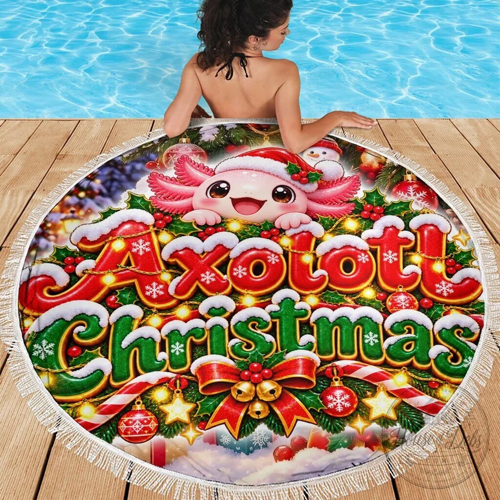 Cute Axolotl Christmas Round Beach Blanket with Festive Winter Snowflakes 11 Cute Axolotl Christmas Round Beach Blanket with Festive Winter Snowflakes