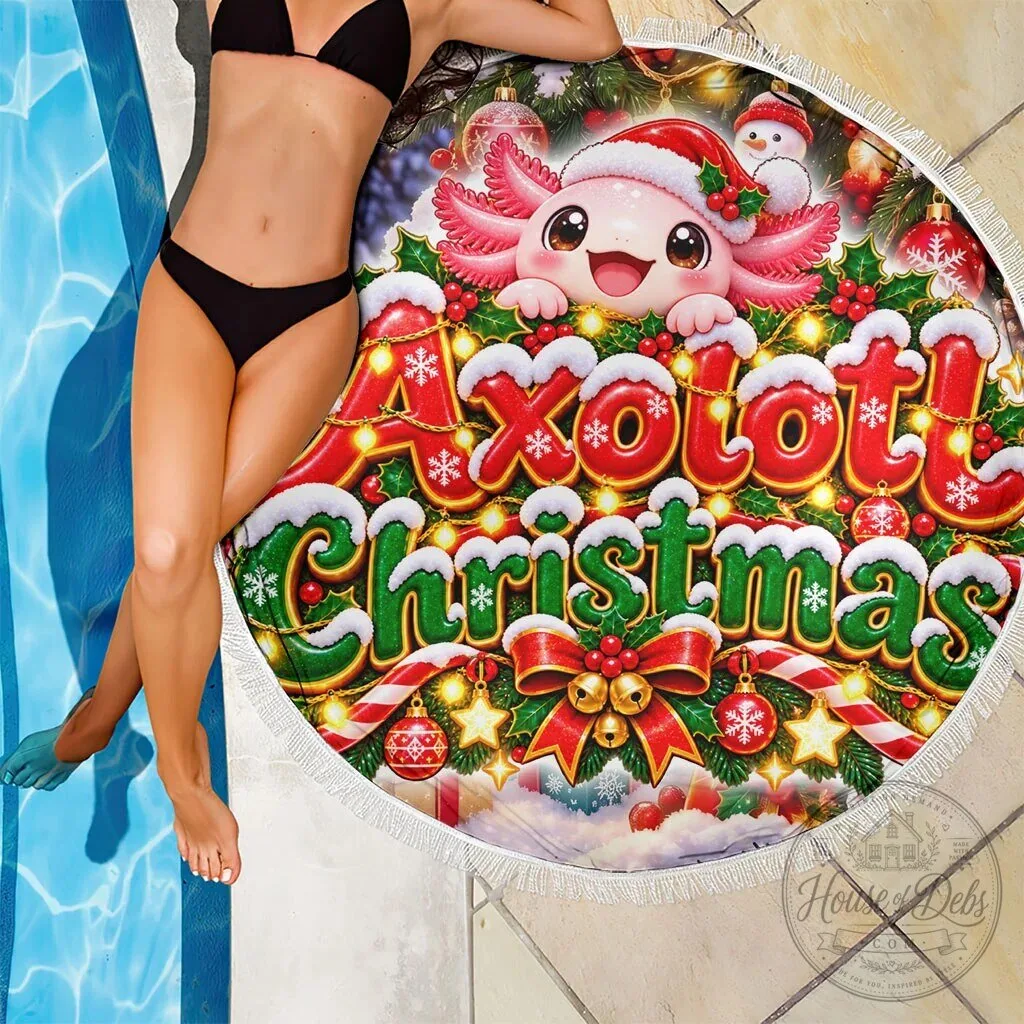 Cute Axolotl Christmas Round Beach Blanket with Festive Winter Snowflakes 13 Cute Axolotl Christmas Round Beach Blanket with Festive Winter Snowflakes