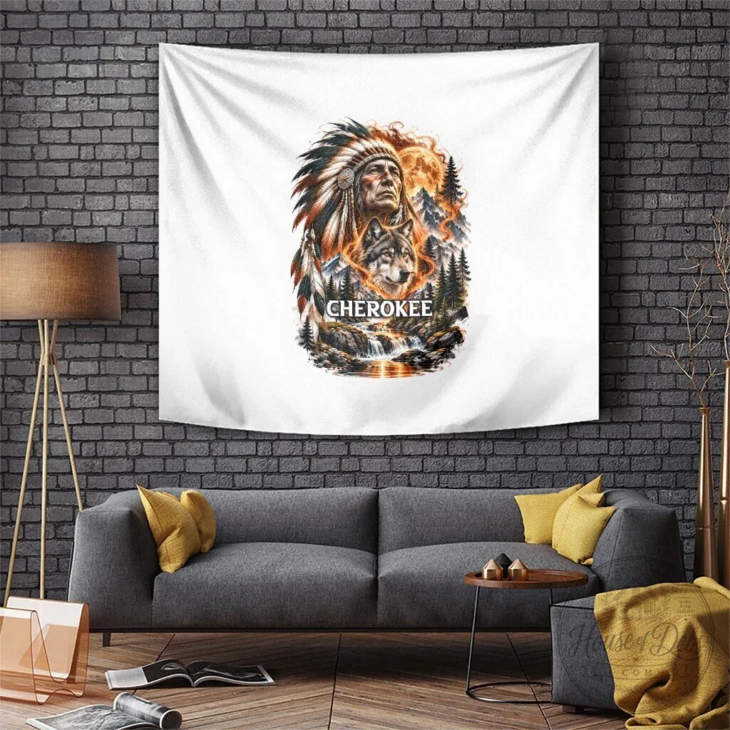 Cherokee Native American Chief Wolf Fiery Moon Mountains Tapestry Wall Hanging