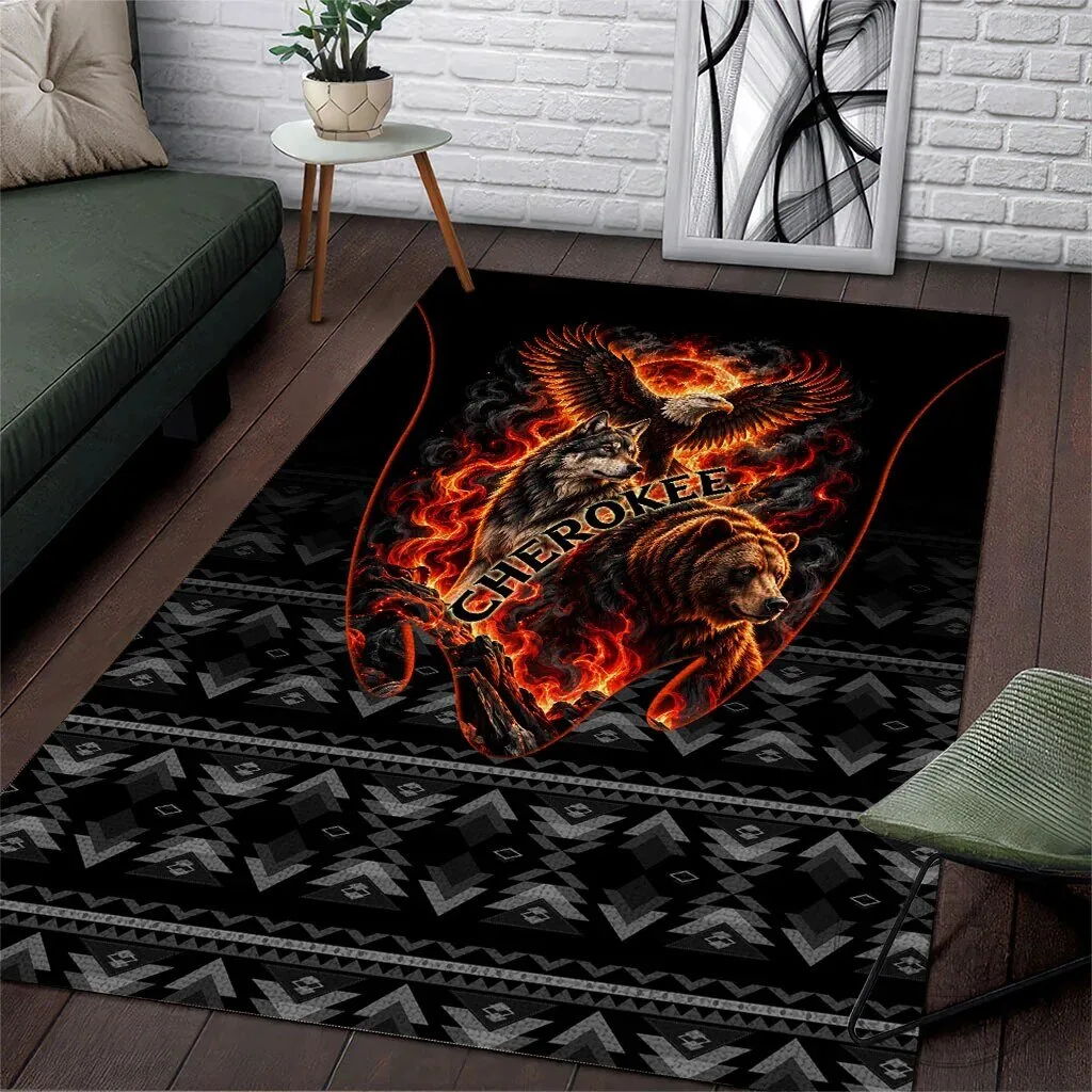 Cherokee Spirit Animals Fiery Tribal Art Native Geometric Patterns Area Rug