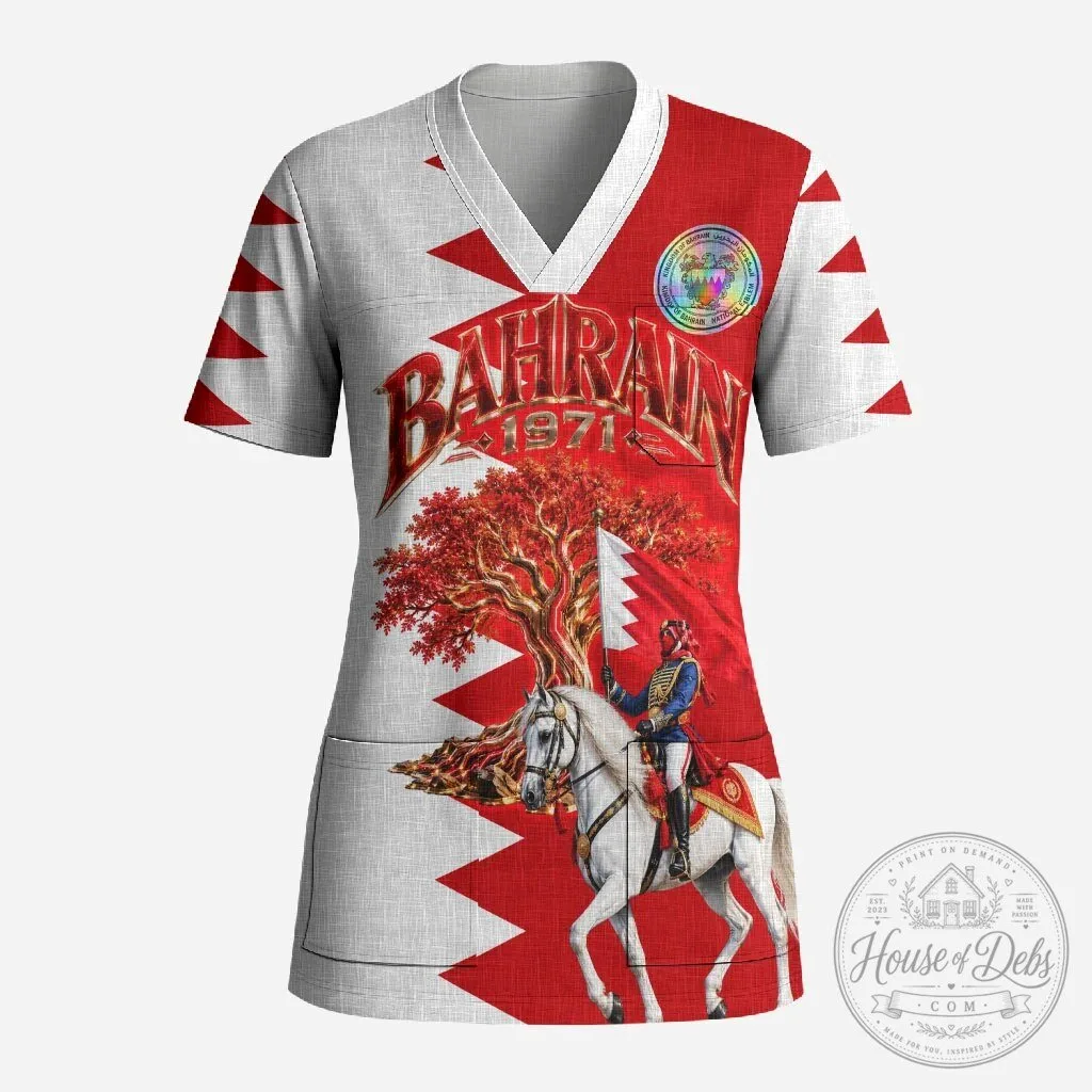 Bahrain National Day Cultural Emblem Flag Horse Knight V-Neck Scrub Top 37 Bahrain National Day Cultural Emblem Flag Horse Knight V-Neck Scrub Top