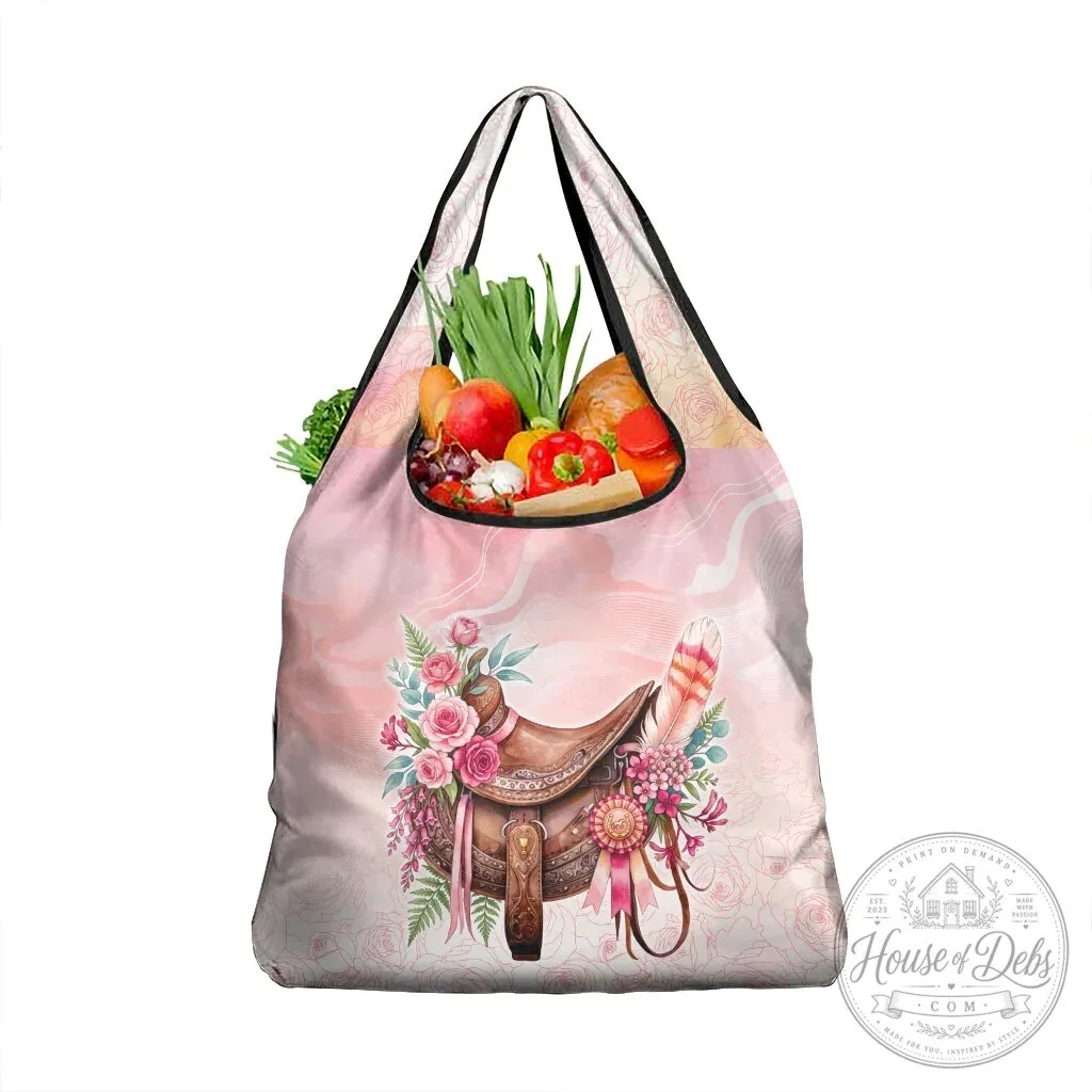 Equestrian Horse Saddle Floral Reusable Grocery Shopping Bag with Pink Roses