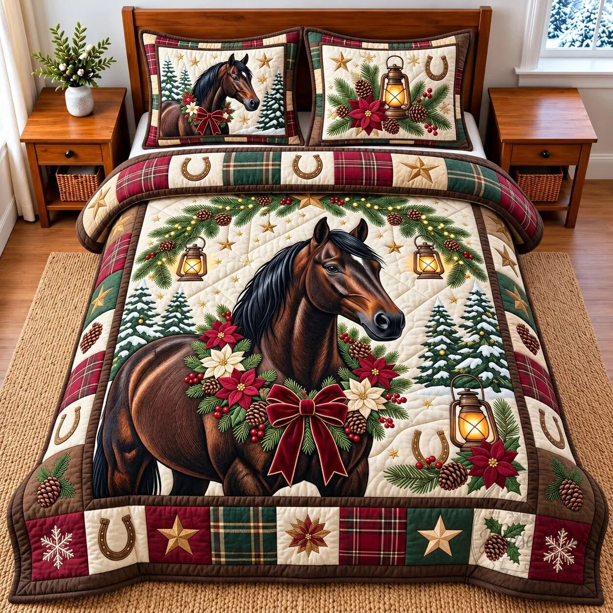 Christmas Horse Quilted Bedding Set with Pine Cones and Lanterns