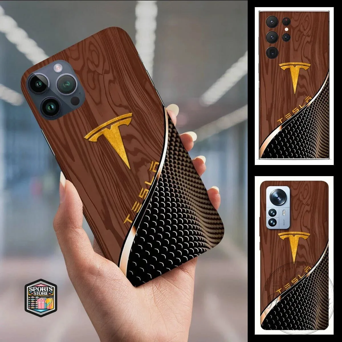 Tesla Gold Logo Wood Grain Pattern Phone Case for iPhone and Samsung