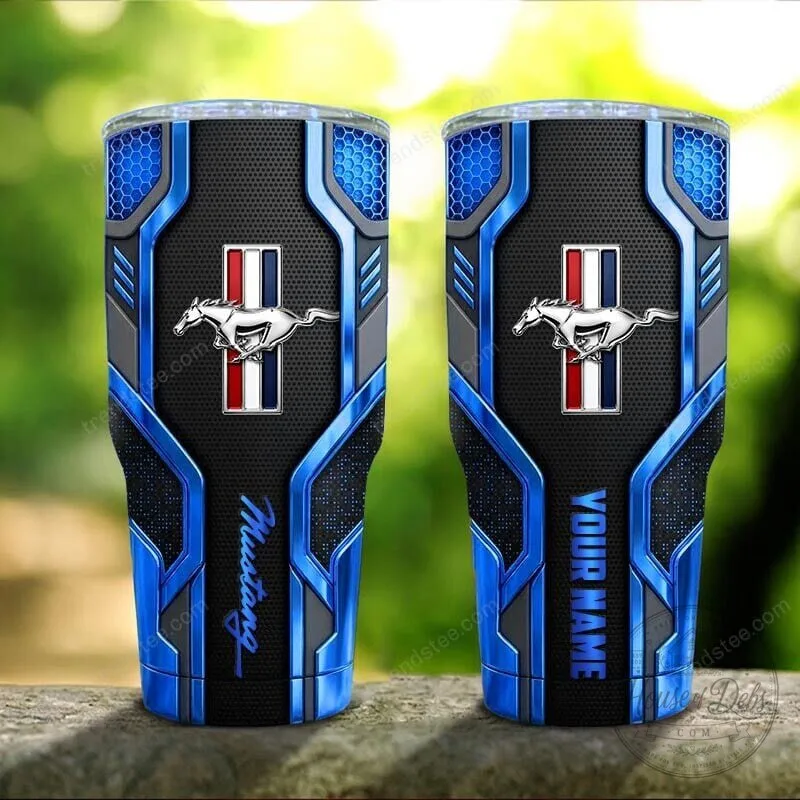 Ford Mustang Horse Logo Custom Name Blue Black Insulated Tumbler