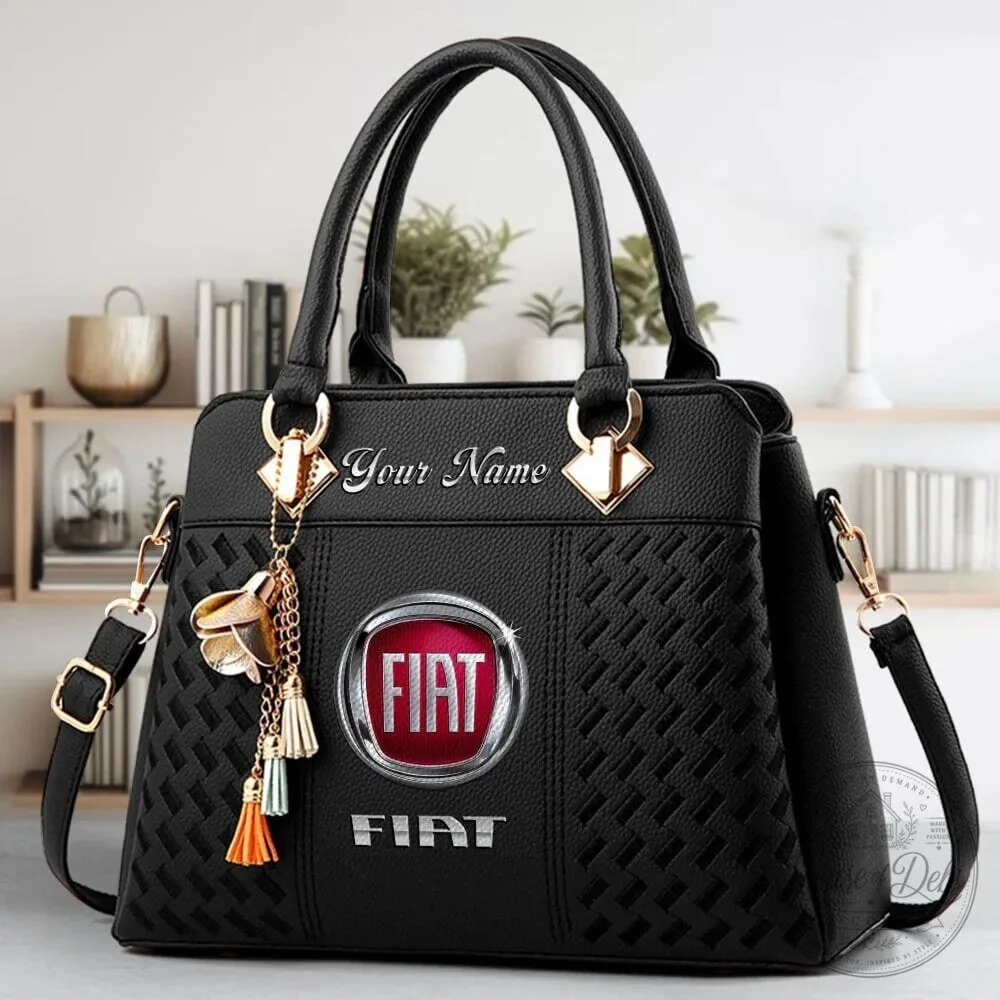 Custom Name Black Leather Handbag Purse with Fiat Car Logo for Women