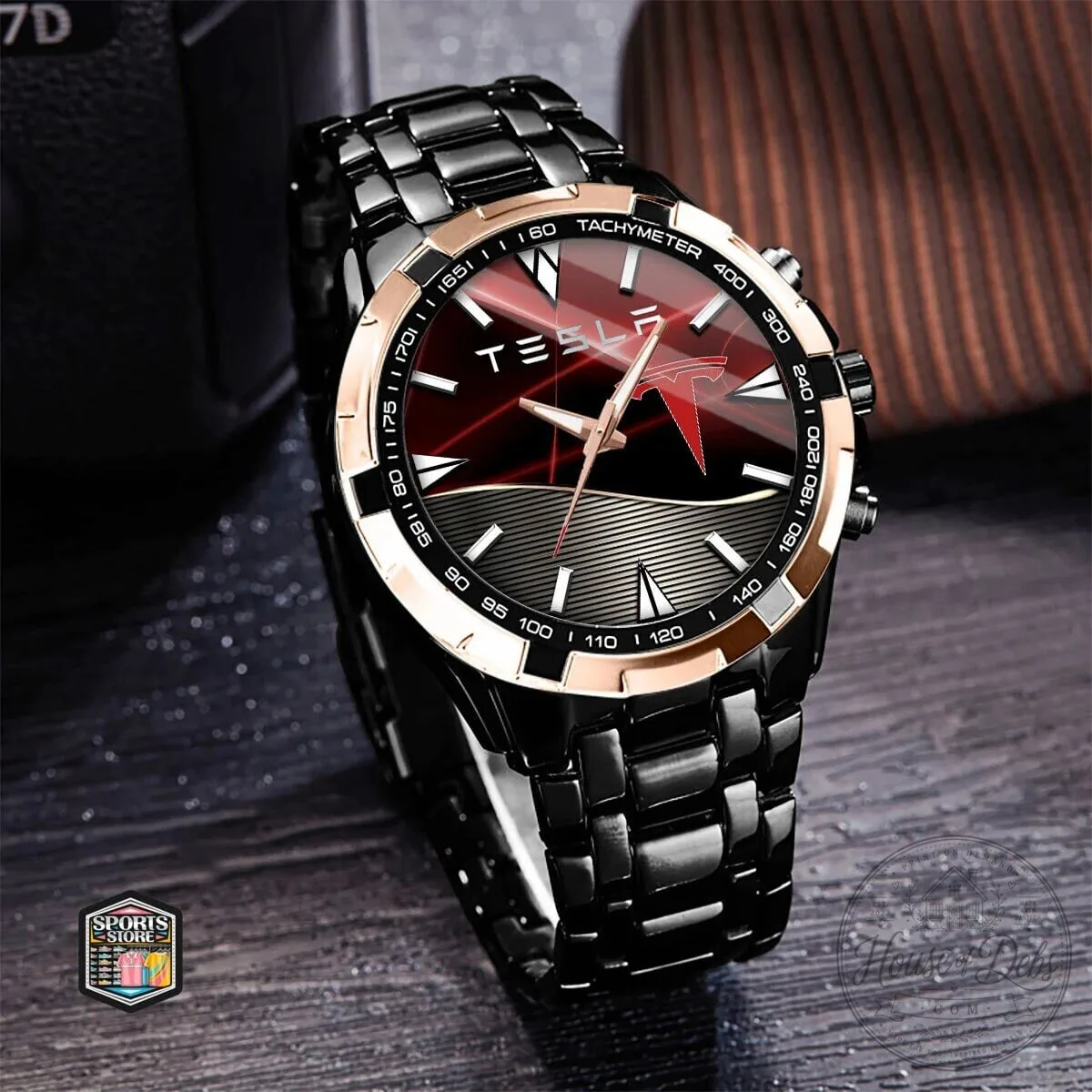Tesla Motors Luxury Black and Rose Gold Stainless Steel Quartz Watch