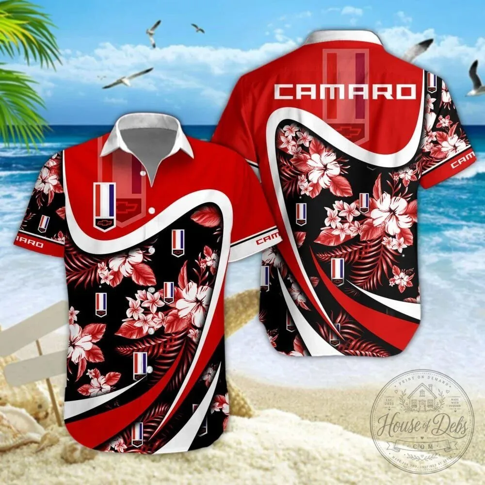 Chevrolet Camaro Car Logo Red Hibiscus Tropical Hawaiian Shirt