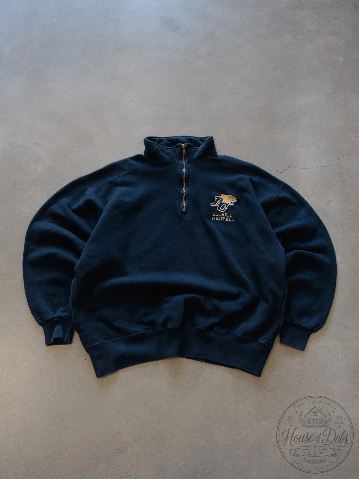 Bothell Football Quarter Zip Sweatshirt, Vintage Navy Blue Russell Athletic