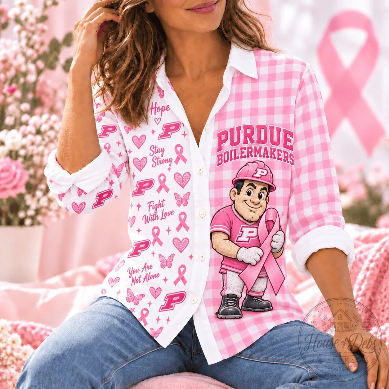 Purdue Boilermakers Breast Cancer Awareness Pink Gingham Button-Up Shirt