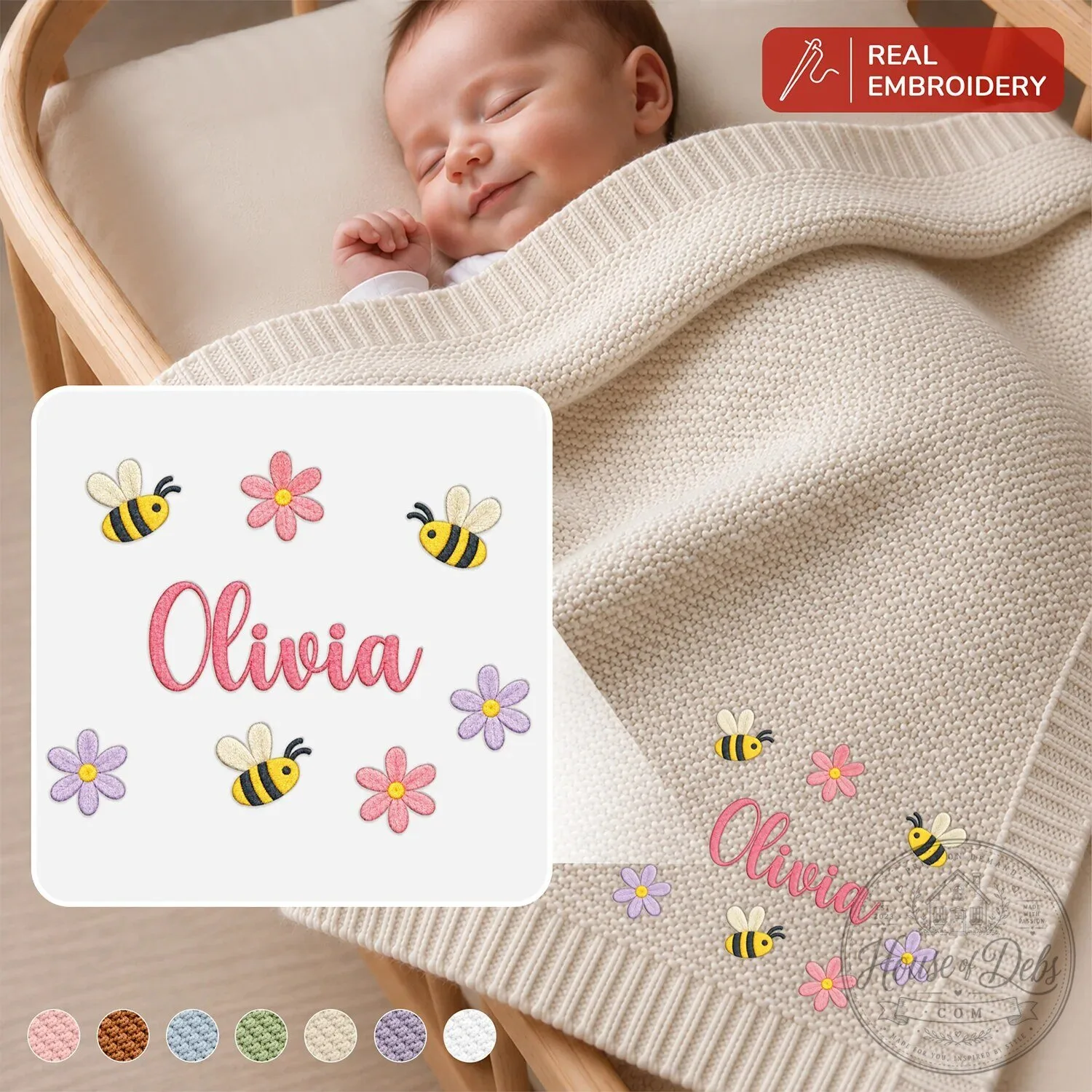 Personalized Baby Blanket with Embroidered Bees and Flowers for Newborns