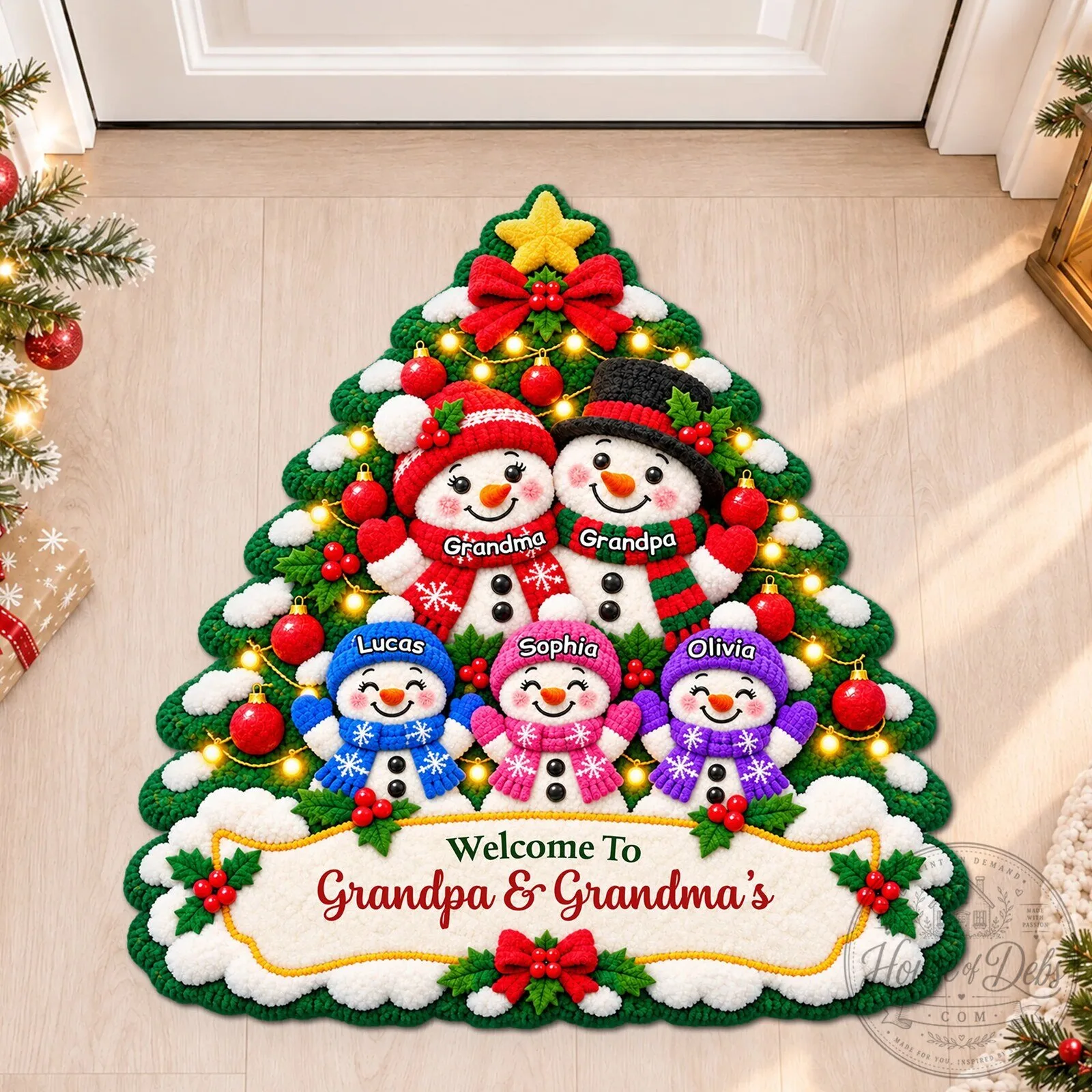 Personalized Christmas Snowman Family Tree Welcome Doormat