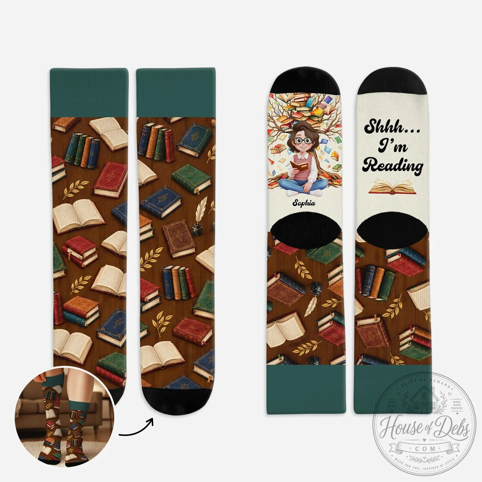Personalized Book Lover Shhh I'm Reading Custom Name Socks for Women