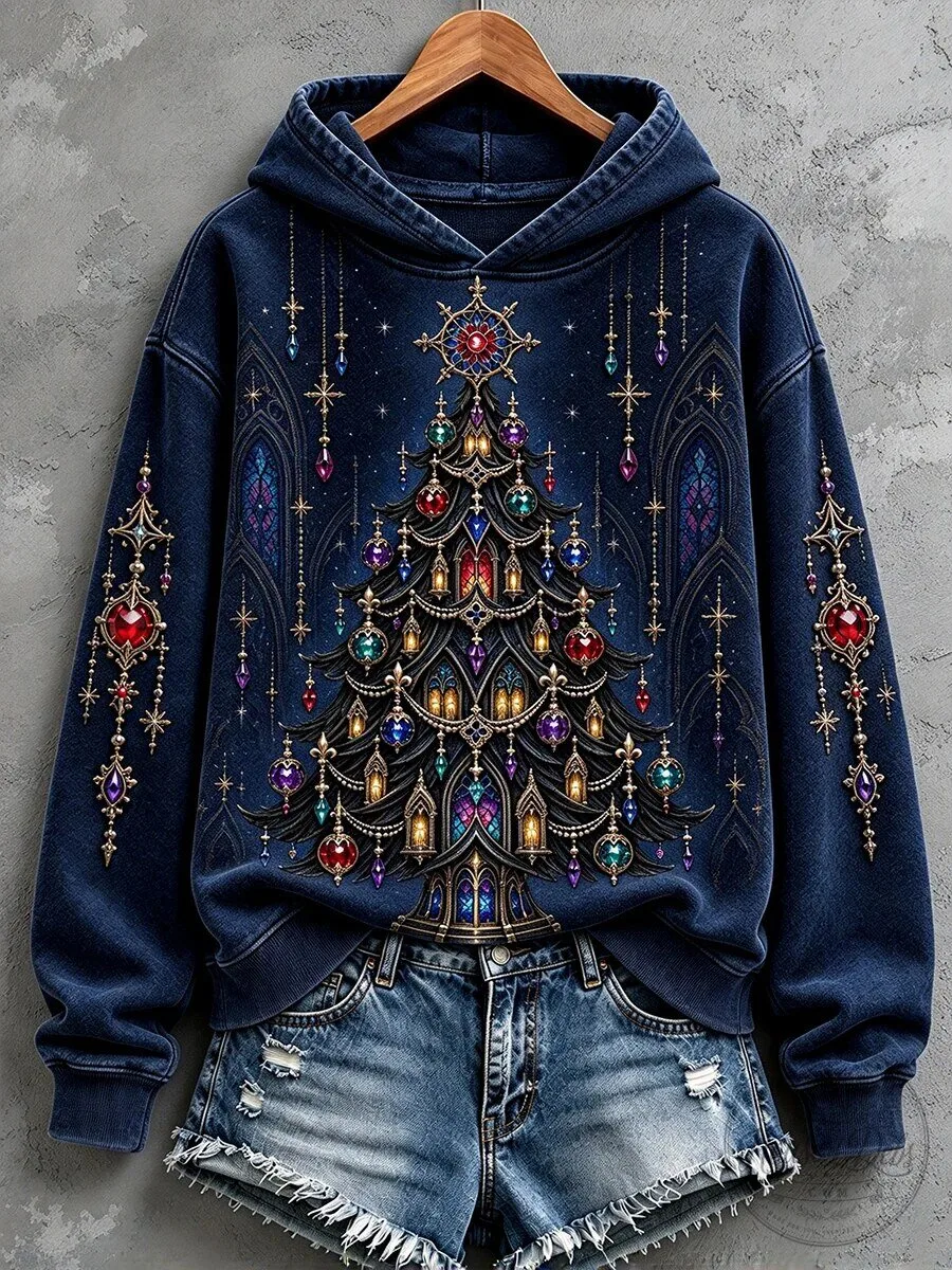 Cozy Hooded Sweatshirt for Women Featuring Vintage Gothic Christmas Tree Design