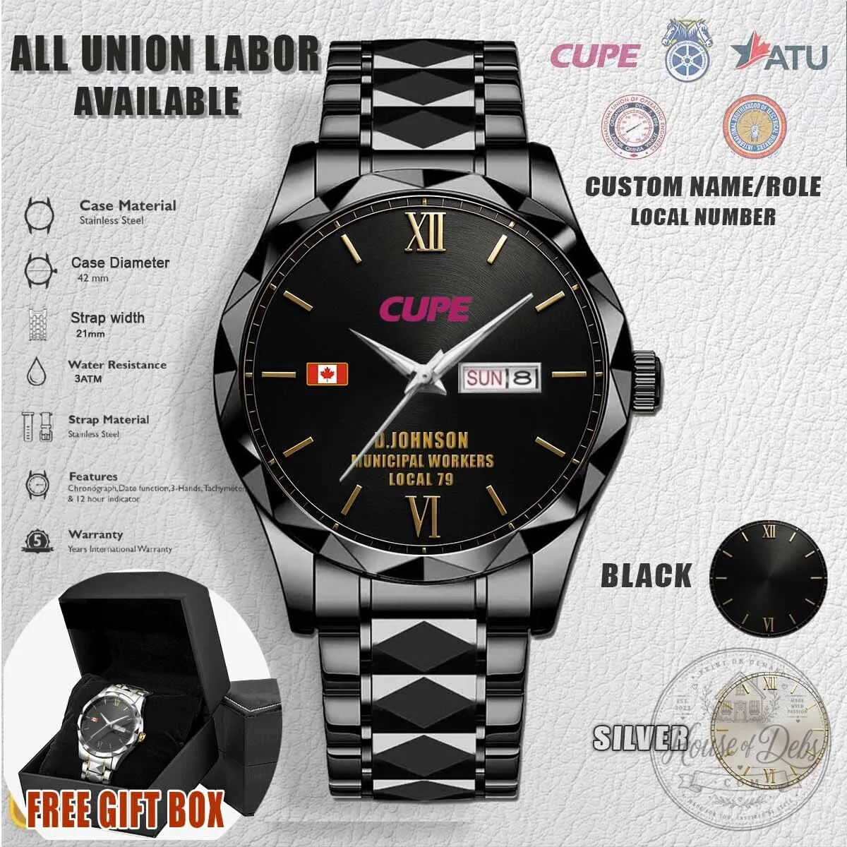 CUPE Canadian Union of Public Employees Custom Stainless Steel Watch