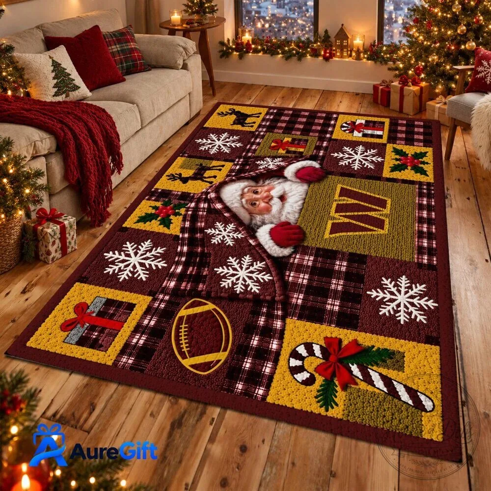Personalized Christmas Santa Claus and Football Holiday Area Rug