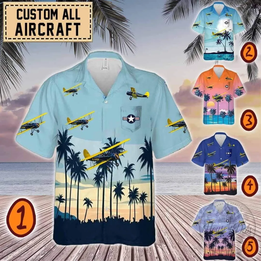Vintage Curtiss Wright Aircraft Biplane Palm Trees Hawaiian Shirt
