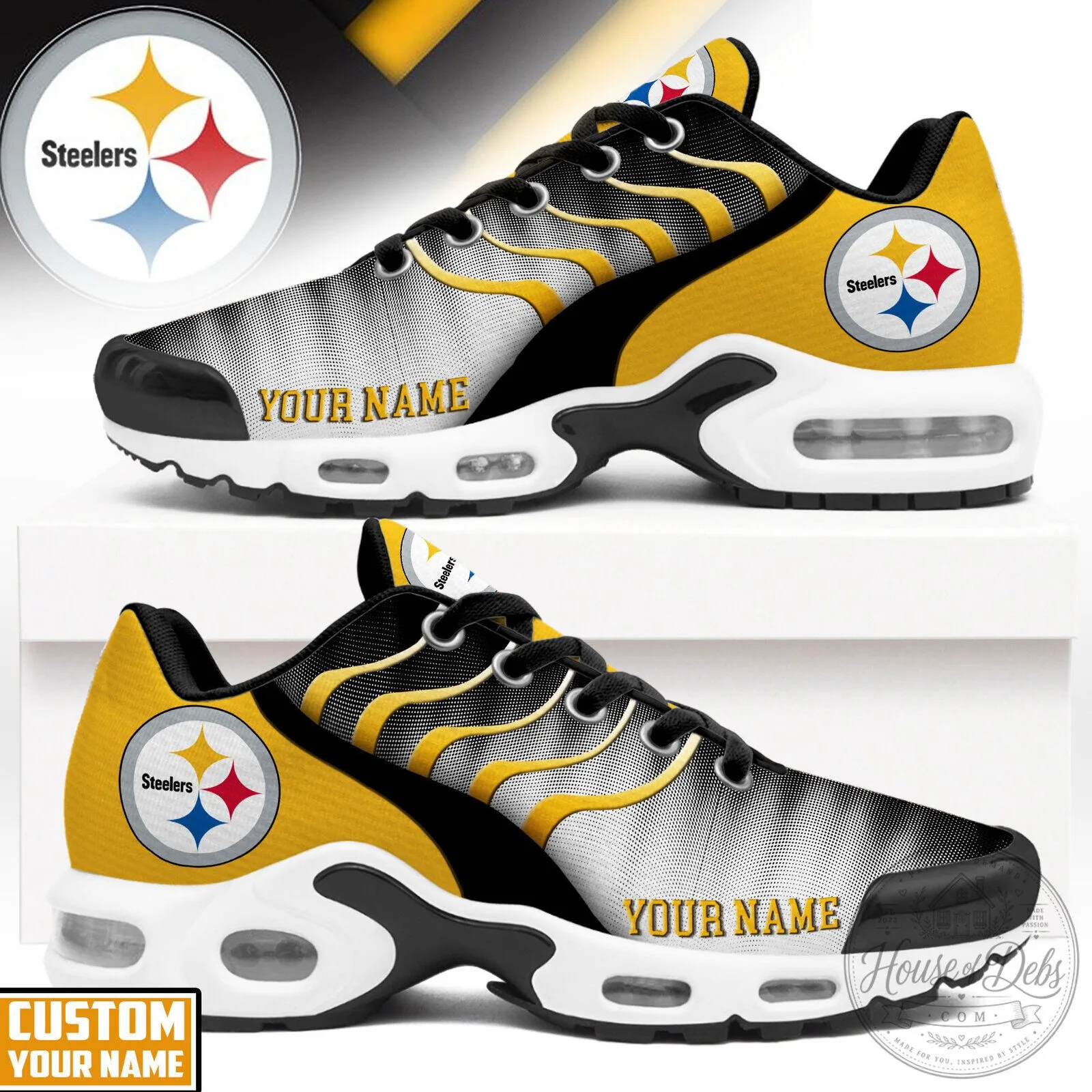 Pittsburgh Steelers Custom Name NFL Team Logo Black and Gold Running Shoes