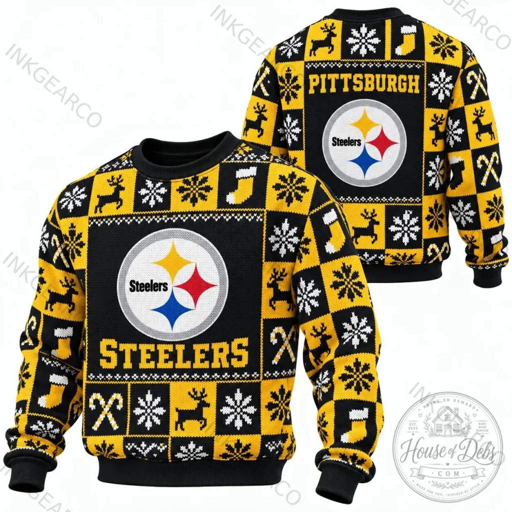 Christmas Sweater Crewneck Sweatshirt with Ugly Pittsburgh Steelers Design for the Holiday Season