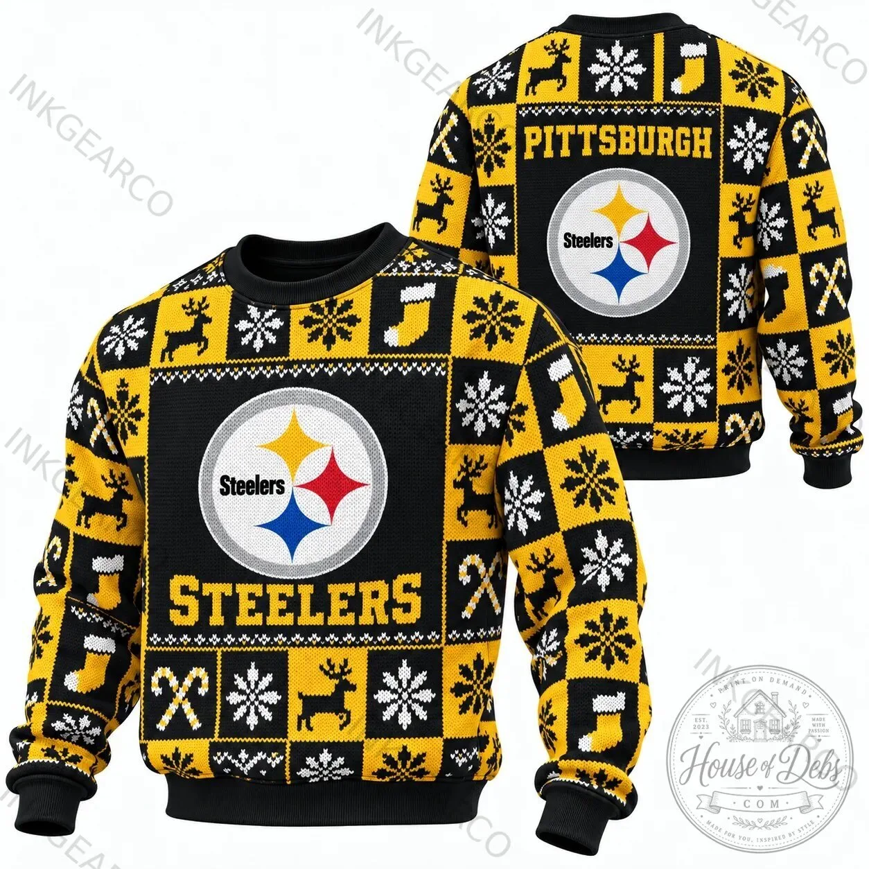 Christmas Sweater Crewneck Sweatshirt with Ugly Pittsburgh Steelers Design for the Holiday Season