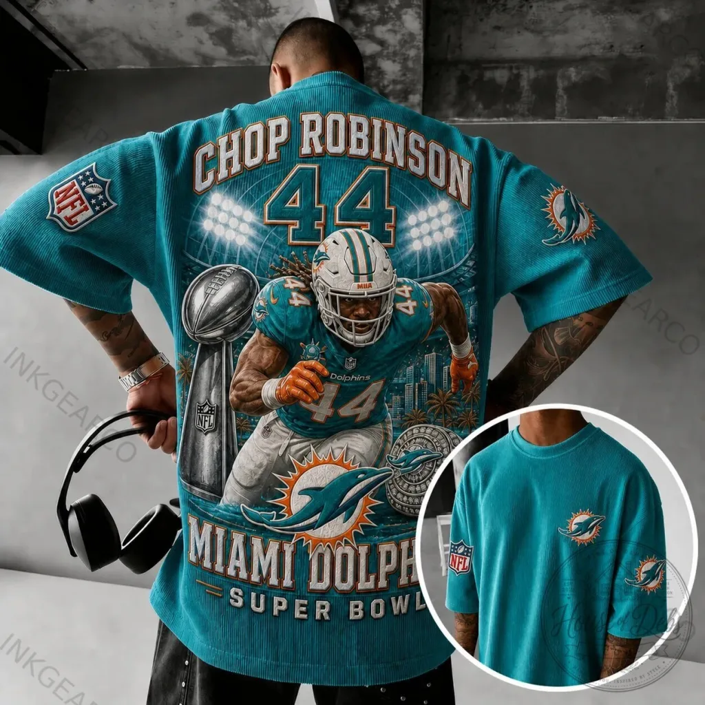 Miami Dolphins Chop Robinson NFL Football Super Bowl Rugby Print T-Shirt Miami Dolphins Chop Robinson NFL Football Super Bowl Rugby Print T-Shirt
