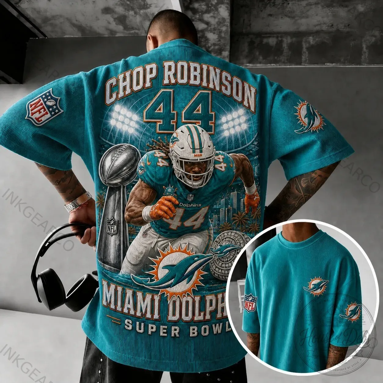 Miami Dolphins Chop Robinson NFL Football Super Bowl Rugby Print T-Shirt