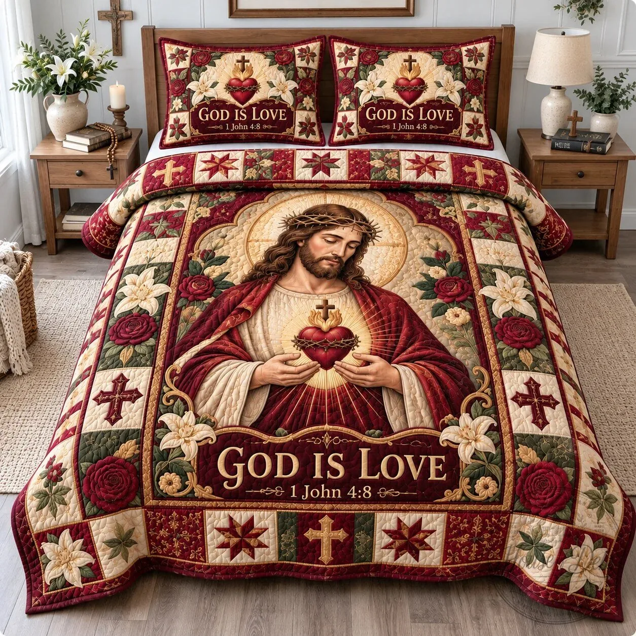 Jesus Christ Sacred Heart God Is Love Christian Quilted Bedding Set