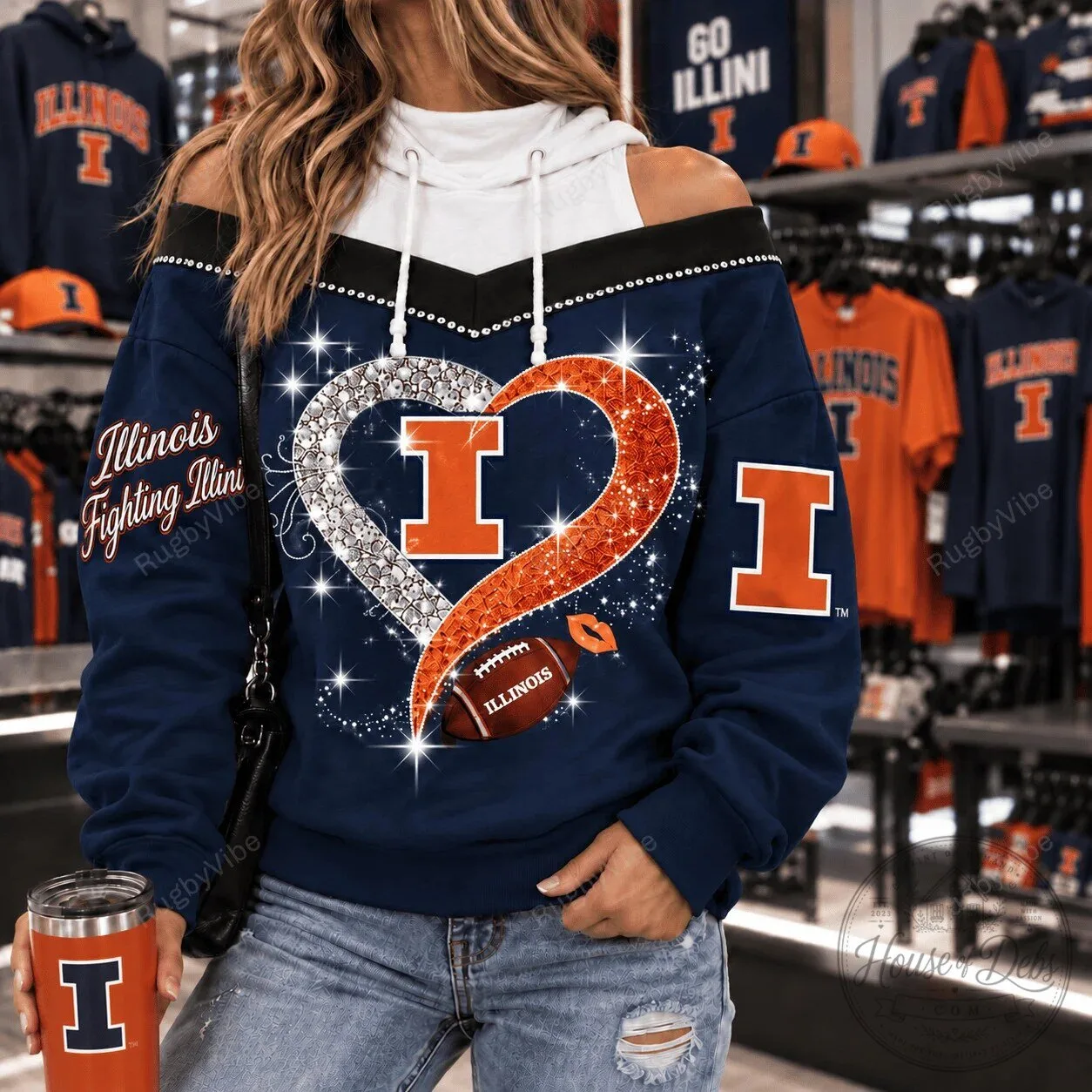 Illinois Fighting Illini Football Glitter Heart Off Shoulder Hoodie