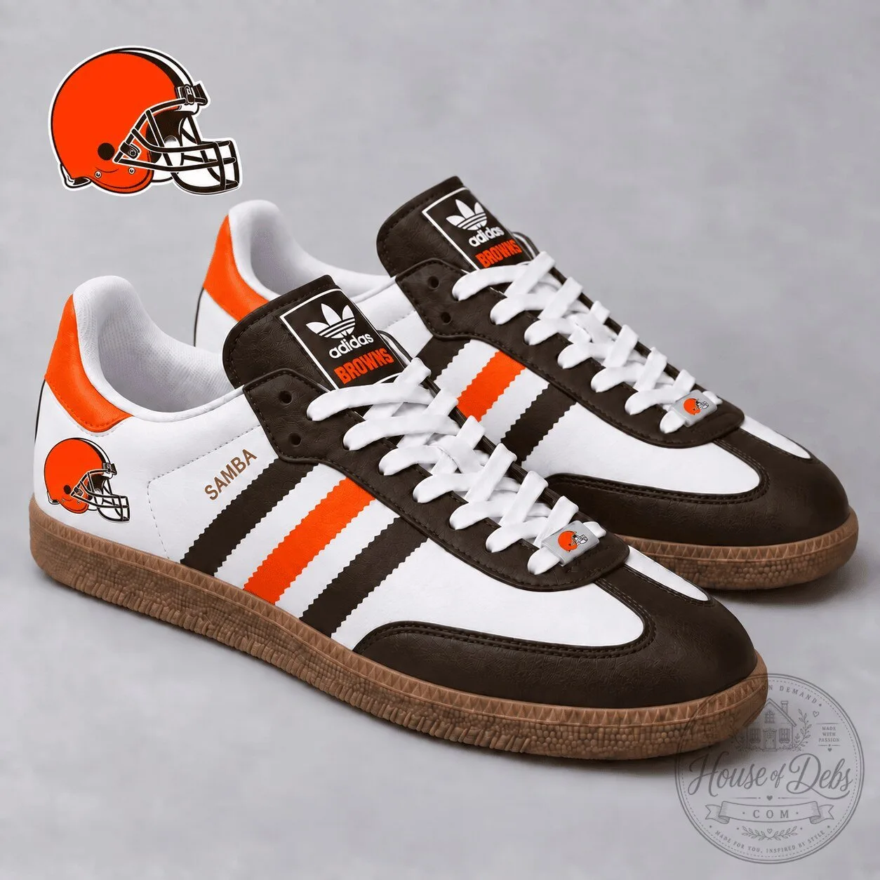 Samba Shoes in White and Brown Featuring the Cleveland Browns NFL Team Logo