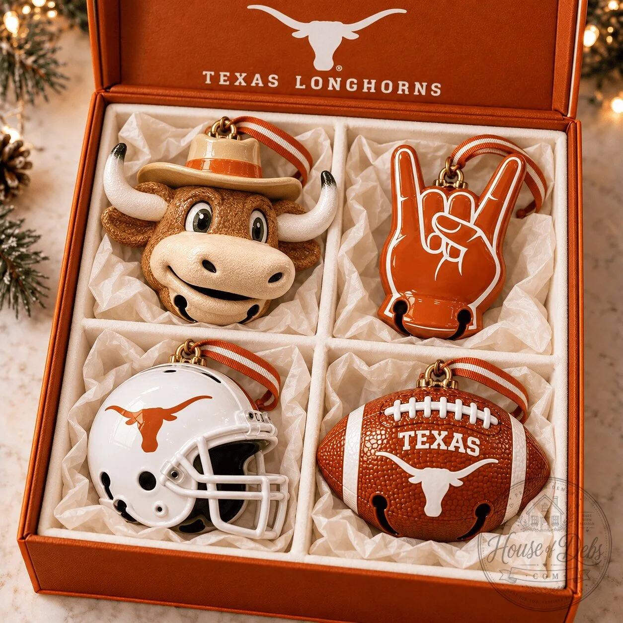 Texas Longhorns Football Helmet and Mascot Christmas Tree Ornament Set
