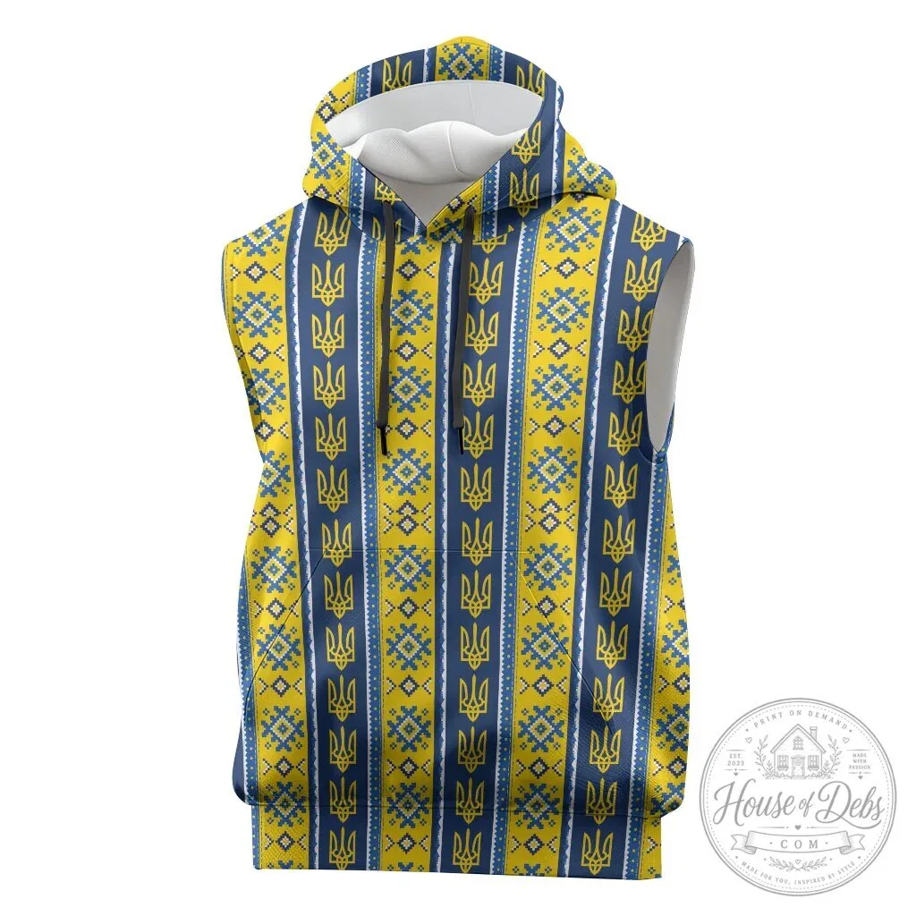 Ukrainian Trident Pattern Sleeveless Hoodie, Ukraine Christmas All-Over Print Apparel