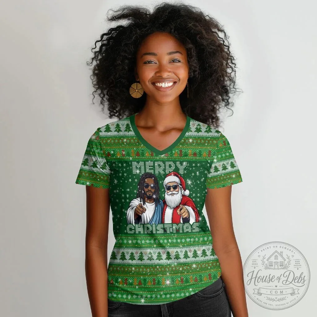 Black Jesus and Santa Claus Merry Christmas Ugly Sweater Style V-Neck T-Shirt