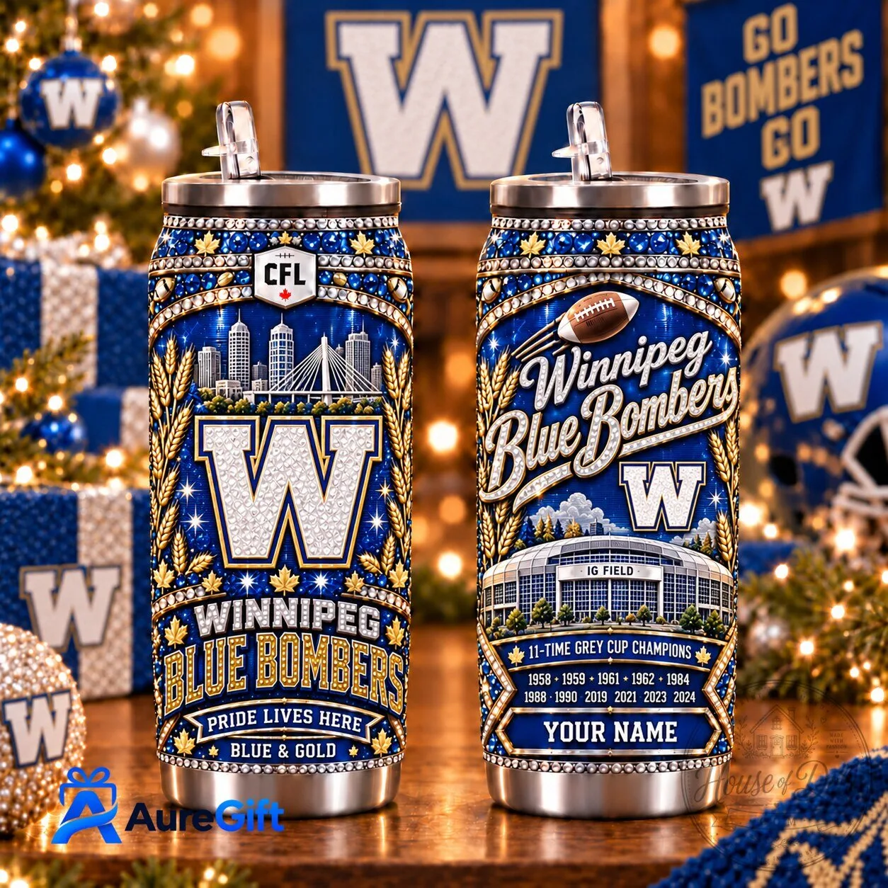 Winnipeg Blue Bombers CFL Christmas Personalized Can Tumbler