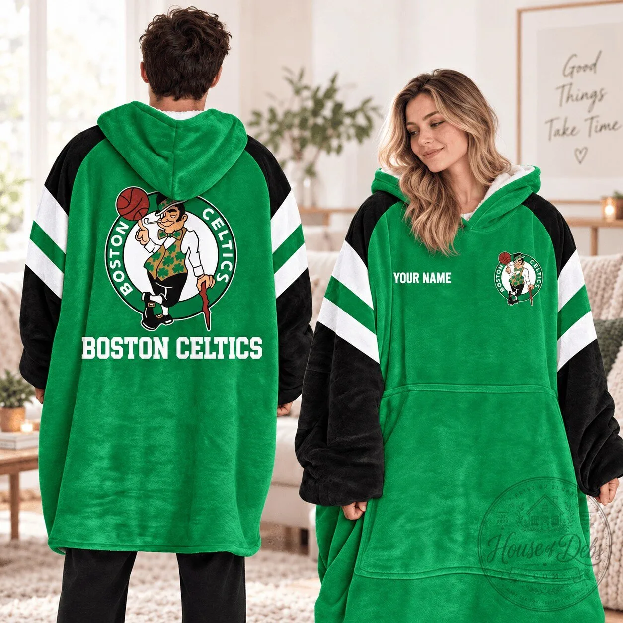 Boston Celtics NBA Oversized Wearable Blanket Hoodie with Custom Name