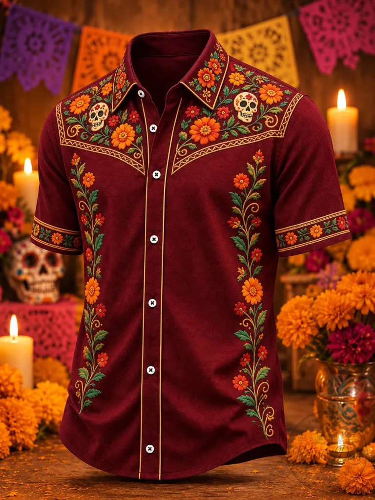 Day of the Dead Sugar Skull Floral Embroidered Short Sleeve Button Down Shirt