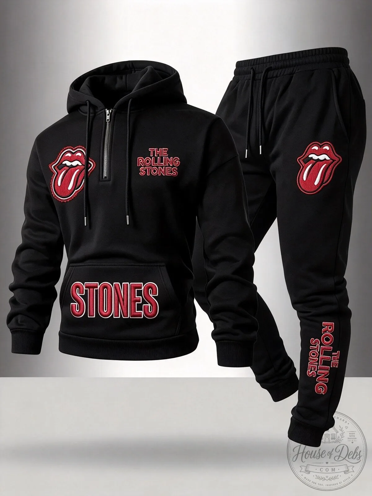 The Rolling Stones Classic Tongue Logo Black Hoodie and Sweatpants Set