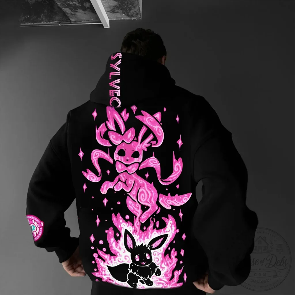 Sylveon and Eevee Evolution Pink Fire Graphic Black Hoodie 30 Sylveon and Eevee Evolution Pink Fire Graphic Black Hoodie